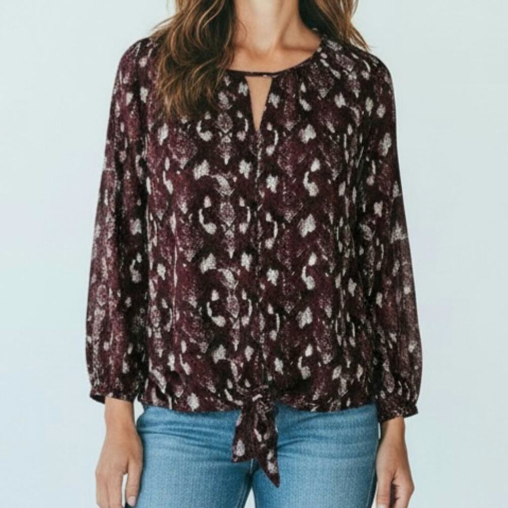 West K Burgundy Print Keyhole Front Tie Waist Blouse Women's Size S NWT